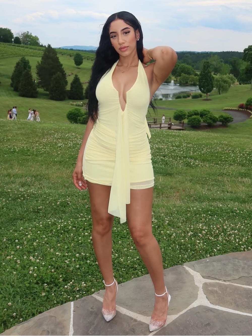 SHEIN Pale Yellow Halter Plunge Mini Dress